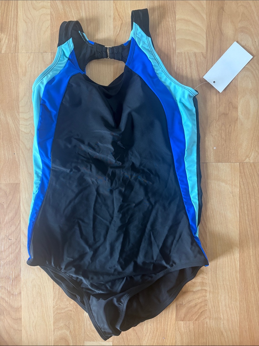 Meet.Curve Women's Black One-Piece Swimsuit with Blue and Aqua Side Panels NWT